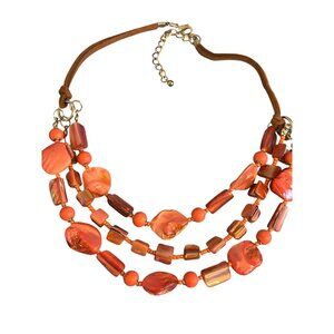 Vintage Peach Coral Dyed Shell Beads Necklace Leather Cord Silver Tone Adj 18"